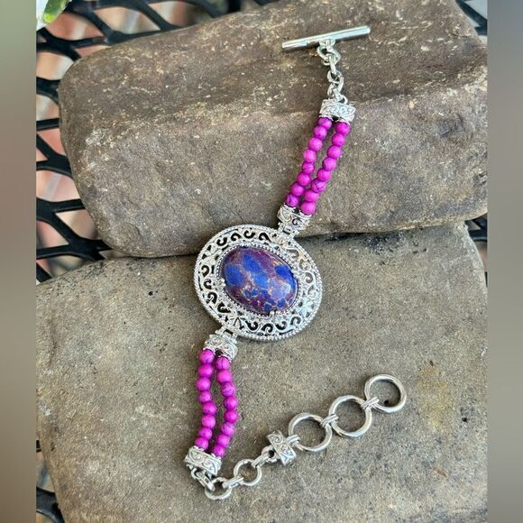 New in box! Purple Turquoise Mix Beaded Bracelet Silver Toned Earthy Boho 5.5” - Picture 4 of 5